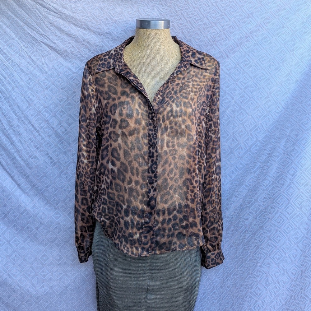 White House Black Market Blouse Womens Brown Excellent Leopard Gold Metallic M